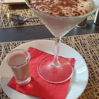 Dessert: Tiramisu with a shot of chocolate Dirty Cow (plant based cream liqueur) at The Queen Inn in Cwmbran