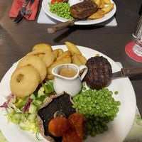 Two steak dinners, one filet and one flank  at The Queen Inn in Cwmbran