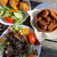 Crispy chilli “beef”, buffalo “wings” and “Camembert” wedges  at The Queen Inn in Cwmbran