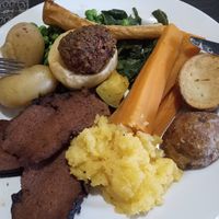 Seitan roast beef Sunday lunch. Photo without gravy or horseradish, which were added. at The Queen Inn in Cwmbran