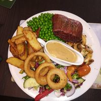 Redefined meat steak with Diane sauce. at The Queen Inn in Cwmbran
