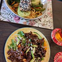 Sesame coated salmon with udon noodles + Crispy Chilli Beef at The Queen Inn in Cwmbran