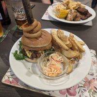 Beef and chicken burger at The Queen Inn in Cwmbran