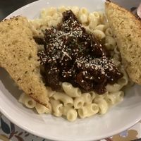 Vegan Mac and cheese with chilli beef  at The Queen Inn in Cwmbran