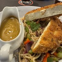 Crispy tofu with vegetable chow mein. Superb !  at The Queen Inn in Cwmbran