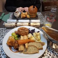 My more traditional dinner, with bubble and squeak burger in the background. Both excellent. at The Queen Inn in Cwmbran