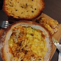 Max cheese bread bowl, with harissa roast cauli at The Queen Inn in Cwmbran