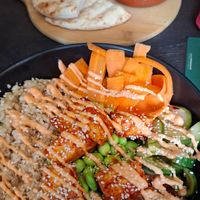 Tofu poké bowl and houmous pitta at The Queen Inn in Cwmbran