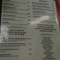 veg menu at Mary's Place Cafe in Halifax
