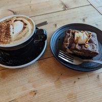 Oat milk cappuccino and a smores brownie at Throwback Coffee House in Wakefield