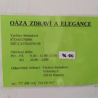 Openingsuren at Oáza Zdraví a Elegance in Klatovy