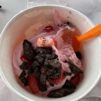 Non-Dairy Strawberry Lemonade Sorbet with Oreos, and strawberries at Fuse Frozen Yogurt in Saint Simons Island