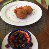 Olives and some kind of sweet potato fritters :) at Es Ginebro in Mallorca
