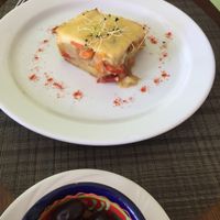 Olives and moussaka (vegetarian - my omnivorous husband enjoyed  at Es Ginebro in Mallorca