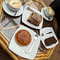 Oat Lattes, Potato filled pastry, Cinnamon Roll, Chocolate Banana Loaf at Café Monteverde Coffee Shop in Monteverde