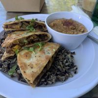 Walnut cheese quesadillas with refried chickpeas    at Beyond Vegan Eats in Los Angeles