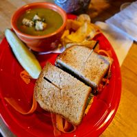 Portobello sandwich and curried butternut squash soup. at Colophon Cafe in Bellingham