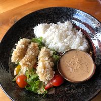 "Green tofu" - fried tofu coated in pandan rice flakes, salad, sesame dressing at Homy Fusion in Plzen