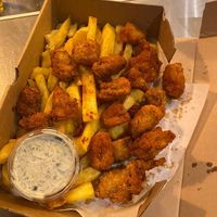Jackfruit scampi & chips w/vegan tartare sauce  at Little Jack Fullers in Brighton