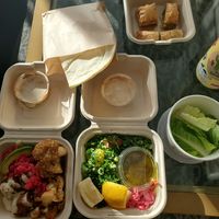 Cauliflower, garden falafel, tabbouleh, pita, baklava at Nuba - Gastown in Vancouver