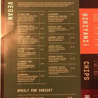 Vegan section of menu July 2021 at Babul's in Barnard Castle