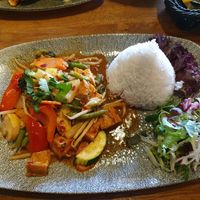 Lunch menu with rice,veggies, tofu and lemongrass at Lam Vegan in Hamburg