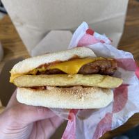 Sausage and egg mocmuffin  at Hank's  Dirty Colchester in Colchester