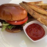Beyond burger on brioche (wheat) with roasted potatoes  at Cafe Aroma in Idyllwild