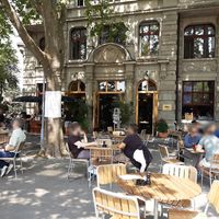 Exterior and outdoor seating at Bank in Zurich