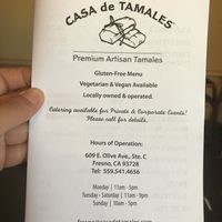 Menu at Casa de Tamales in Fresno