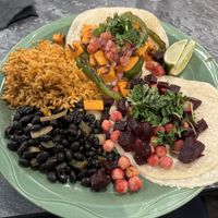 Beet and sweet potato tacos with rice and beans   at Sunset Cantina in Snowshoe