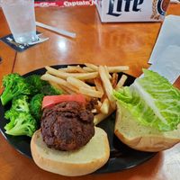 Crabless cake with broccoli and fries at Mug & Mallet in Ocean City