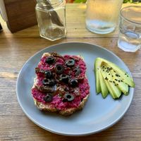 Beet hummus toast. Yum!  at Chido Greens in San Francisco