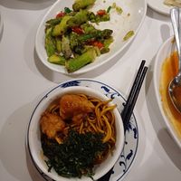 Salt&Pepper asparagus, noodles with mock meat and seaweed at Peking Palace in Sawbridgeworth