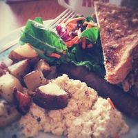 Simple breakfast made vegan ( tofu scramble, vegan sausage, dry toast). at The Wallflower Modern Diner in Vancouver
