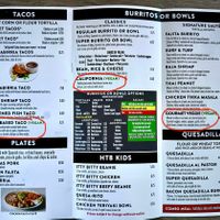 Three well labelled vegan entreess  at High Tech Burrito in Mill Valley