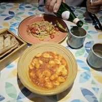 Gnocchi with vegan bolognese and spaghetti with pistachio pesto. We also had the lemon gelato. at Matre in Gallipoli