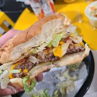 Single impossible burger with cheese, lettuce, tomato, grilled onions, mayo and mustard at Plant Based Burger Company in Maple Heights
