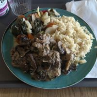 Soy fillets in a mushroom creamy sauce. at Gaya Veggie Market in Lisbon