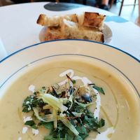 Soup (I think it was jerusalem artichoke, potato and something else), and bread. at Slow Hands in Hagersten