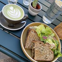 Matcha Latte with Oat milk and Sandwich with Salad  at Okara in Lyon