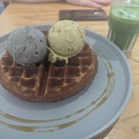 Waffle with black sesame and matcha ice cream at Lilac Oak in Central Singapore