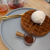 Plain waffle with vanilla ice cream and maple syrup at Lilac Oak in Central Singapore