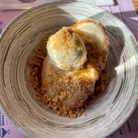 Dessert deep fried bao w ice cream, peanuts and berries at Dubbel Dubbel in Lund