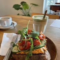 Hummus sandwich and matcha latte  at Koffiebar Knus in Dokkum