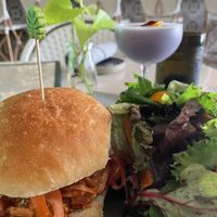 BBQ Jackfruit Sandwich with greens. Delicious!   at Mood in Tequesta