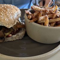 Old school burger - replaced the onions with mushrooms and had a side of truffle friess  at Mood in Tequesta