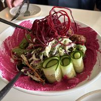 Falafel salad on beet hummus  at Mood in Tequesta
