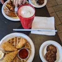 Husband across from me got the french toast, sausage, and a vanilla shake. 

I got the chicken and waffles with sausage. at Vegans Are Us in Atlantic City
