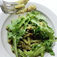 Chamnamul pesto pasta - close-up at Pinch Brunch Bar in Seoul